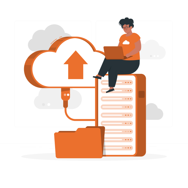 Data migration illustration showing a computer screen with gears and robotic arms working on data transformation